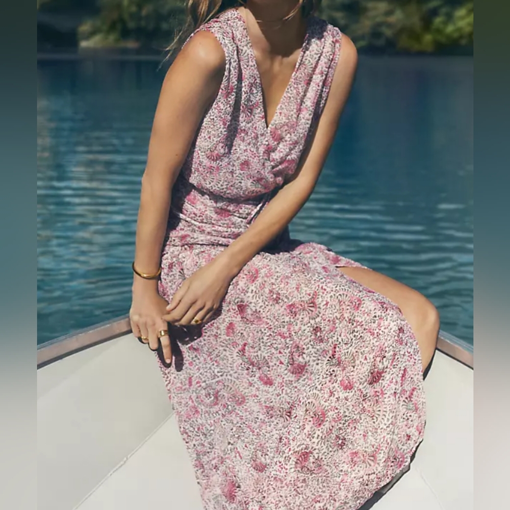 Ann Taylor Floral Ruched Flare V-neck Sleeveless Multi Color 12P Dress